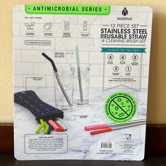 NWT Stainless Steel Reusable Straw & Cleaning Brush Set - 13 Piece Set - Picture 2 of 5